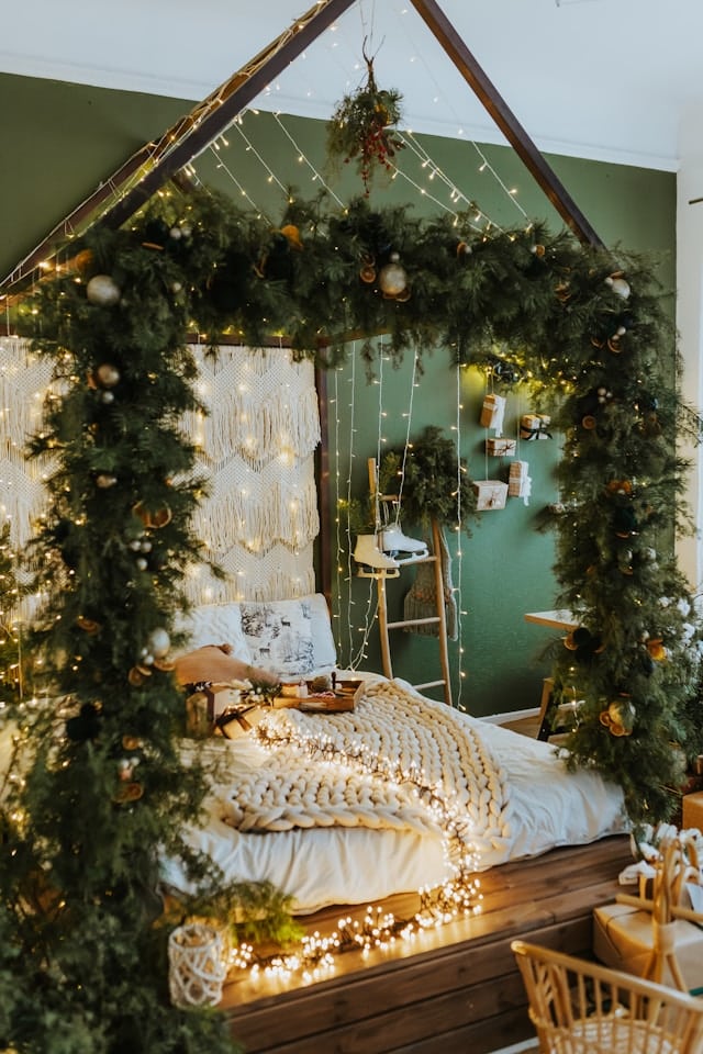 Neutral Christmas Decor Ideas Neutral garland on headboards
