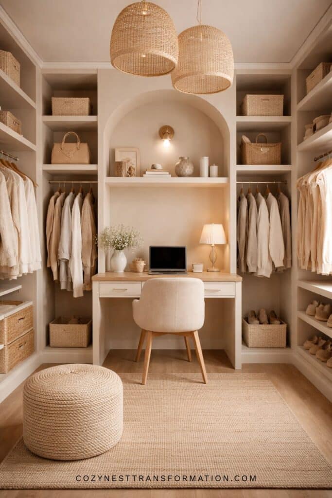 small walk in closet office combo