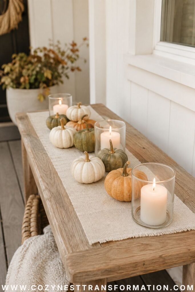 fall porch decor with pumpkins